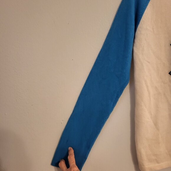 Knitwit 100% cashmere "ROCK' Sweater Creme w/Turquoise long sleeves Nepal Medium - Picture 10 of 10